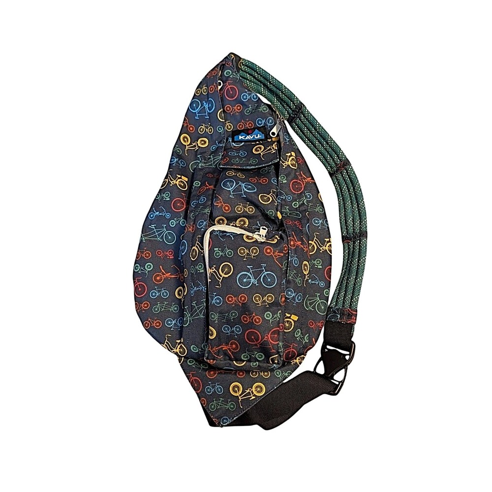 KAVU Rope Bag Sling Backpack Bicycle Print‎ Gray Multi Color Canvas Crossbody
